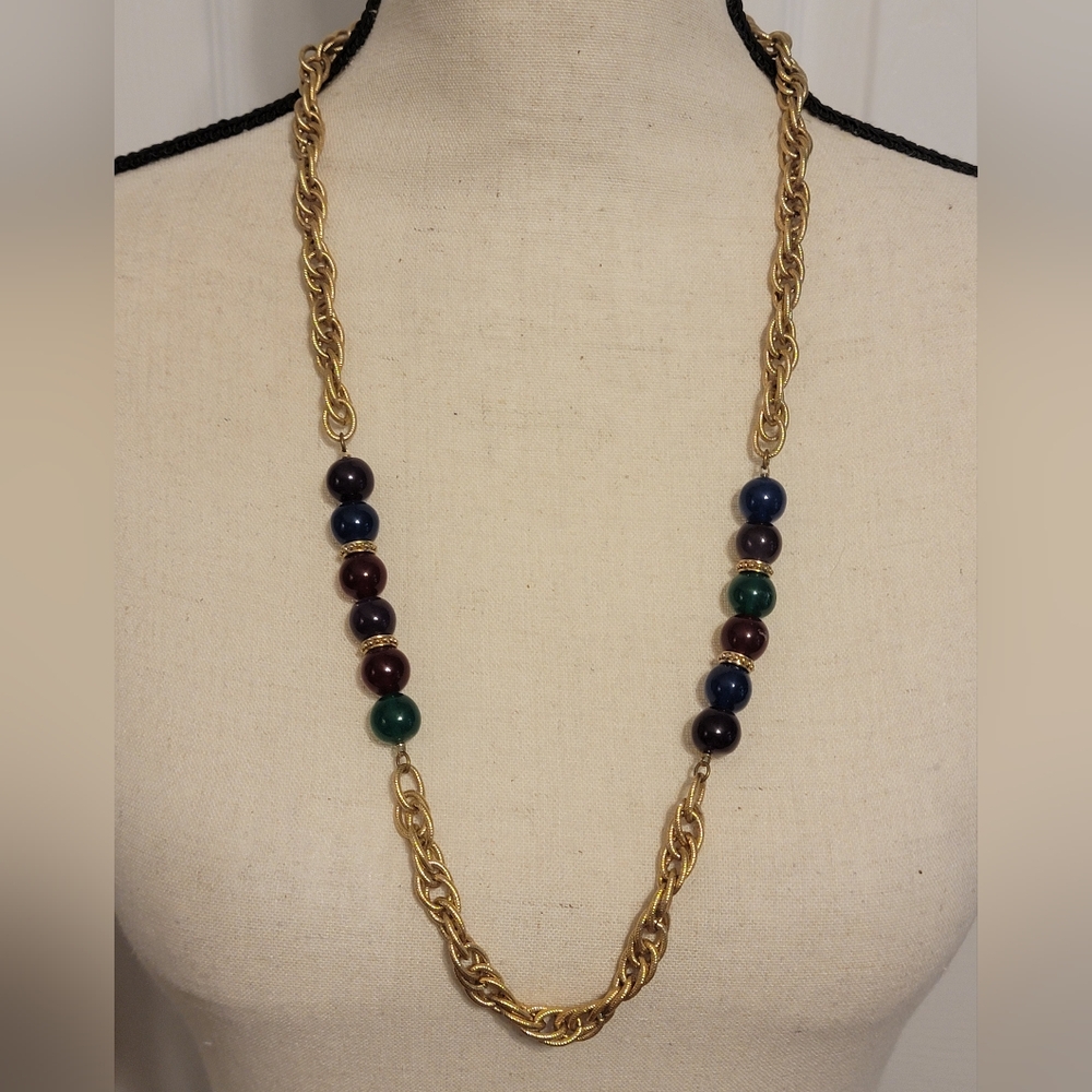 Vintage Gold Tone Jewel Tone Beaded Chain Necklace Ornate Clasp Statement